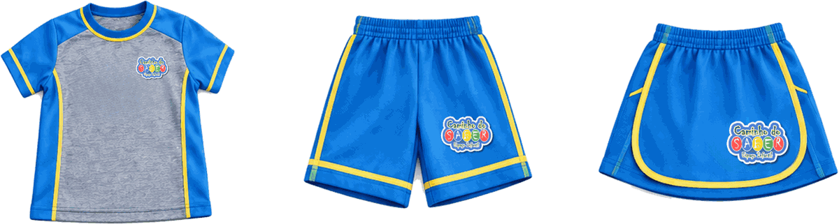 Uniforme do Caminho do Saber: camiseta, bermuda e saia